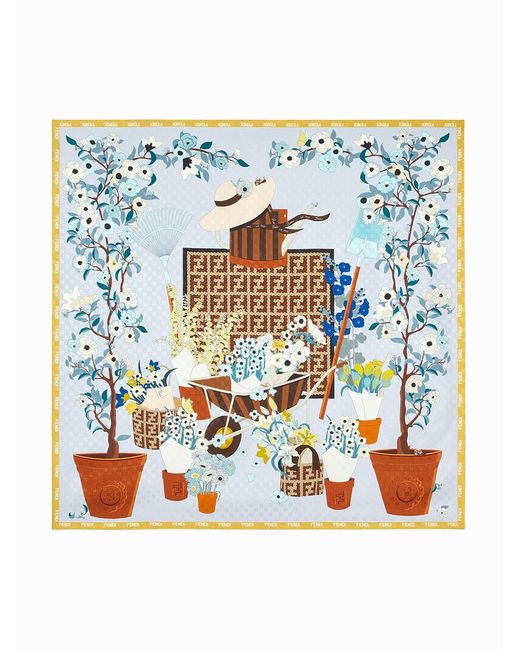 Fendi Blue Foulard 90X90 Stampa Gardening