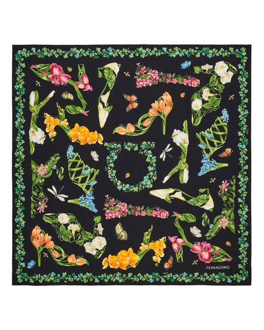 Ferragamo Green Eden Shoes Print Silk Scarf