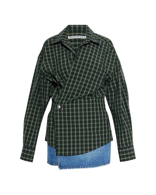 Alexander Wang Green Check-Pattern Wrap-Style Mini Dress