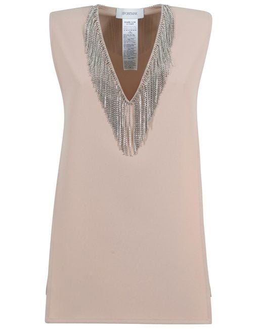 Sportmax Natural Sleeveless Top With Rhinestones