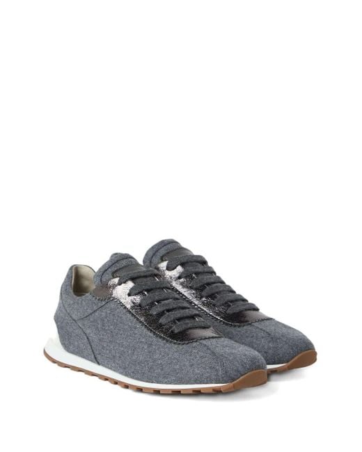 Brunello Cucinelli Gray Virgin Wool Flannel And Lamé Calfskin Runners With Monili Shoes