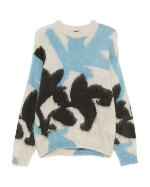 Roberto Collina Blue Ikebana Inlay Crewneck Mohair Sweater for men