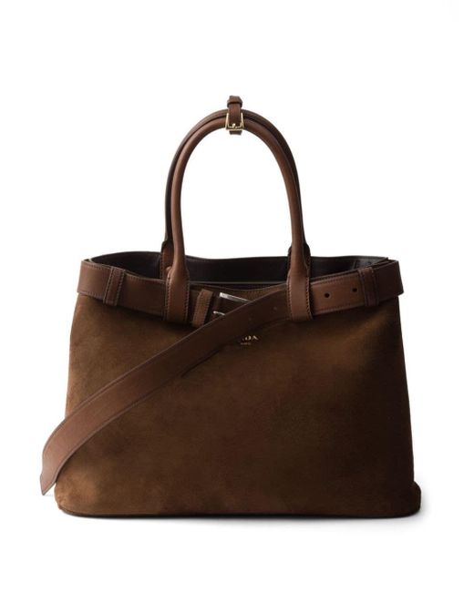 Prada Brown Large Suede Buckle Bag With Belt