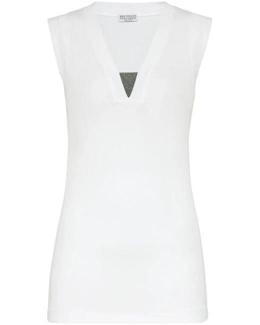 Brunello Cucinelli White Ribbed Cotton Sleeveless Top