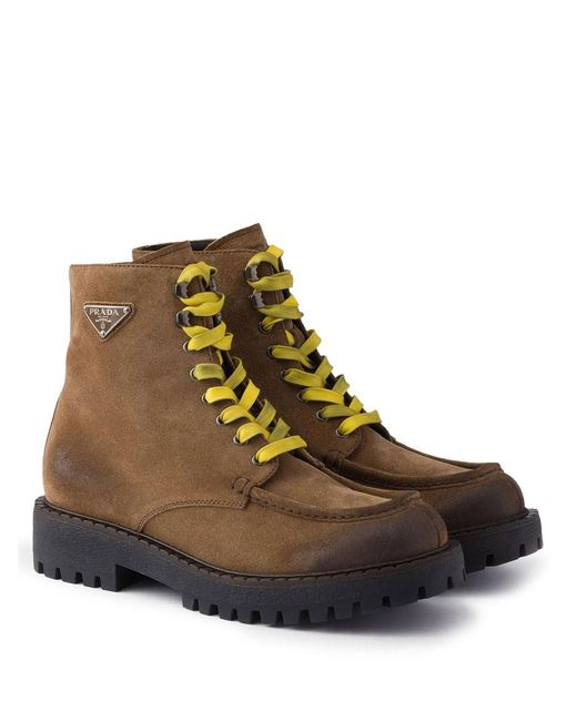 Prada Brown Lace-Up Suede Ankle Boots for men