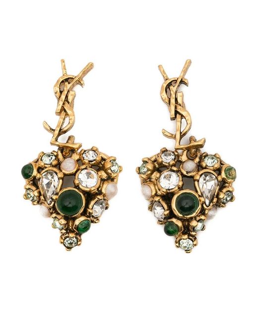 Saint Laurent Metallic Cassandre Crystal Heart Earrings