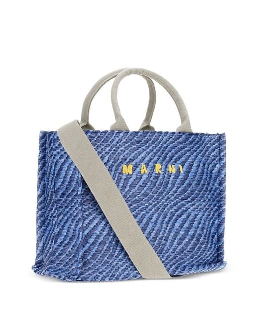 Marni Blue Wavy Raffia-Effect Small Tote Bag