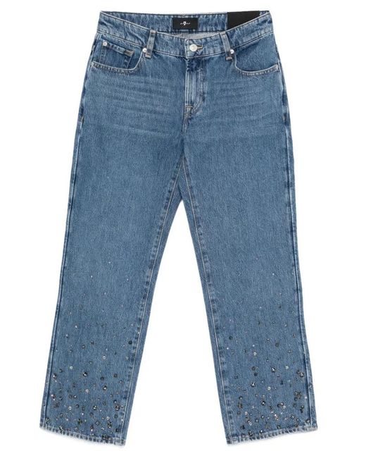 7 For All Mankind Blue Calie Embellished Ankle-Length And Straight Leg Jeans