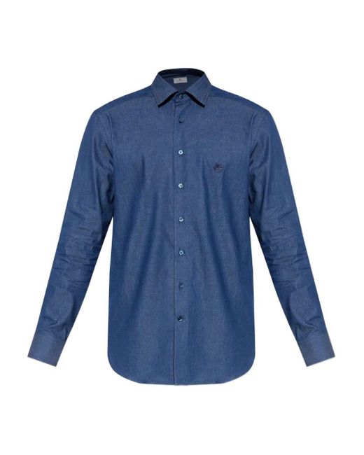 Etro Blue Embroidered Cotton Shirt for men