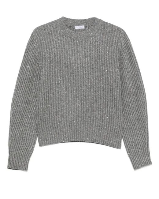 Brunello Cucinelli Gray Sweater Sparkling & Dazzling In Cashmere And Wool R