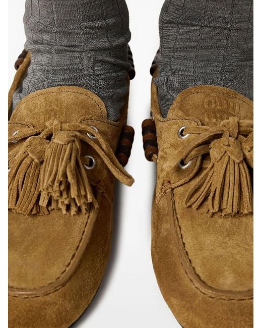 Miu Miu Brown Deck Suede Loafers With Tassels