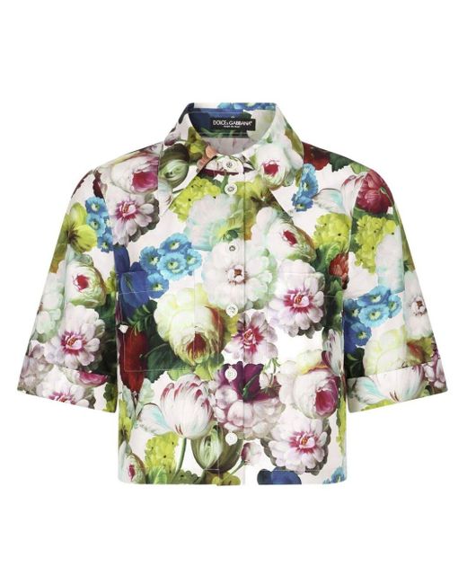 Dolce & Gabbana Gray `Flower Power` Cropped Short Sleeve Shirt