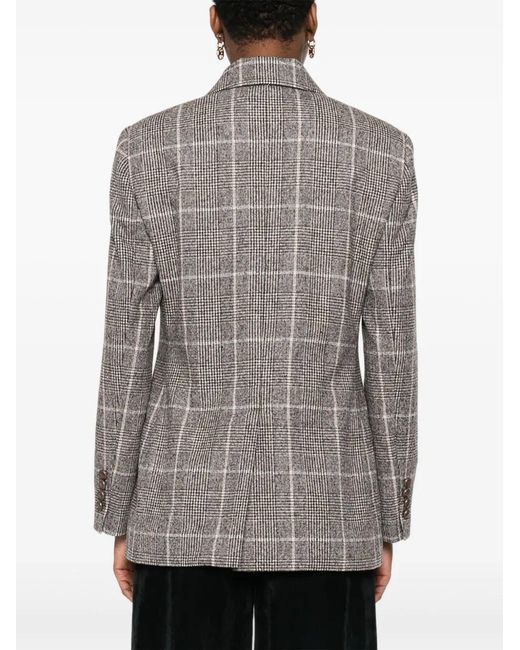 Brunello Cucinelli Gray Alpaca And Wool Prince Of Wales Double-Breasted Blazer With Monili
