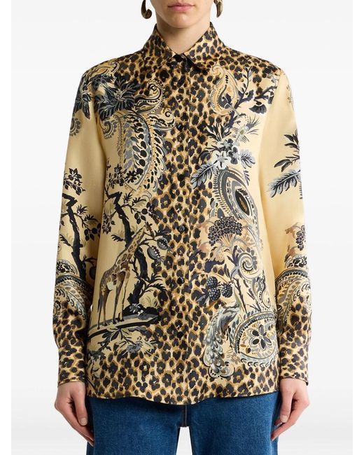 Etro Multicolor Silk Shirt With Placed Leopard Print