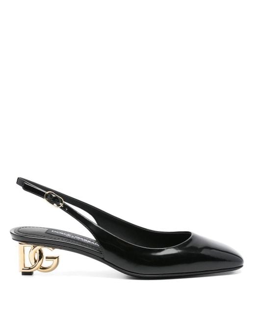 Dolce & Gabbana Black Logo-Heel Patent Leather Slingback Pumps
