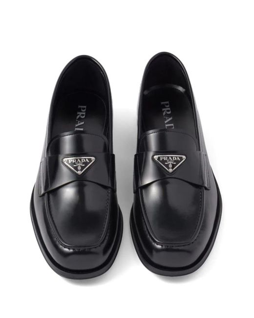 Prada Black Triangle-Logo Brushed-Leather Loafers for men