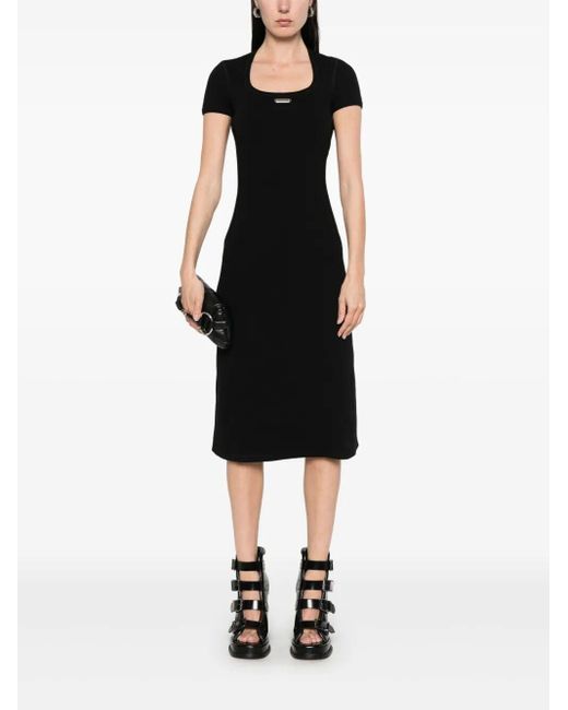 Alexander McQueen Black Logo-Plaque Ribbed Stretch Midi Dress