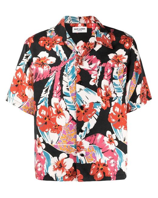 Saint Laurent Black Hawaiian Print Short-sleeve Shirt for men