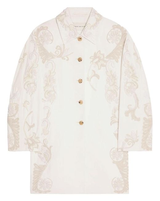 Dries Van Noten White Matador Hand Embroidery A-Line Cotton Coat