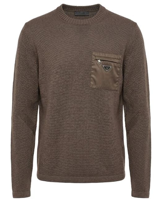 Prada Brown Wool Sweater With Nylon Patch Pocket for men