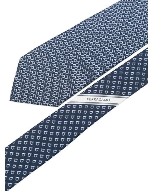 Ferragamo Blue Silk Tie Gancini Square Print for men