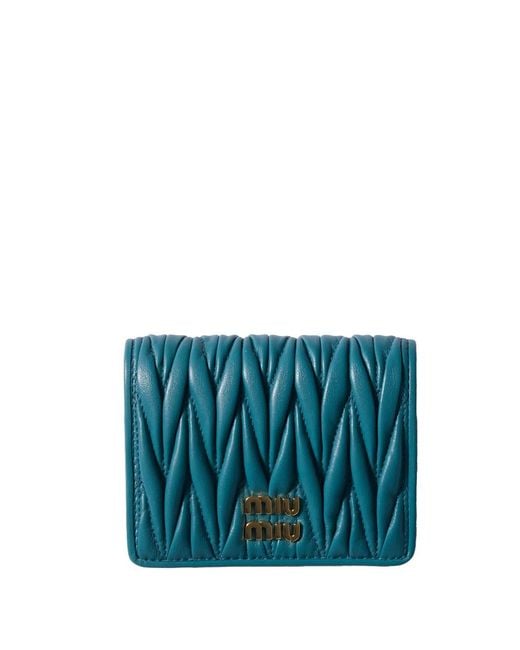 Miu Miu Blue Small Matelassé Nappa Leather Wallet With Snap Closure