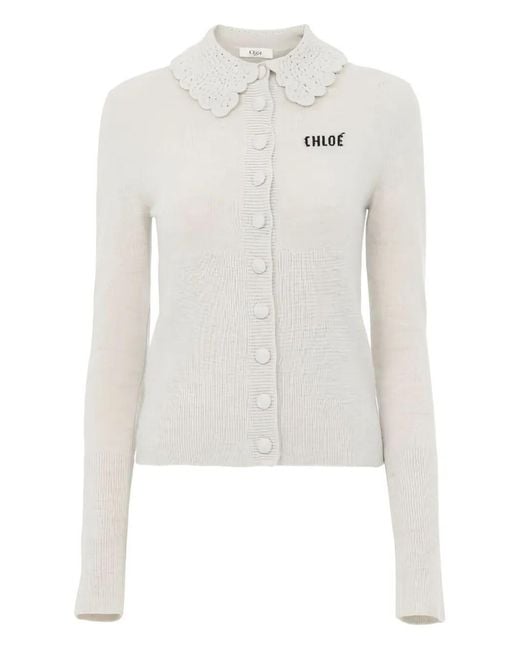 Chloé White Crocheted Collar Wool Cardigan