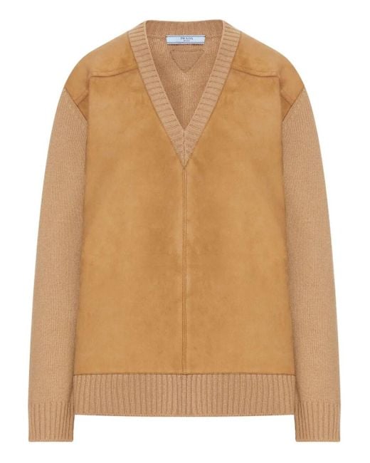 Prada Natural Suede-Panel V-Neck Wool Sweater