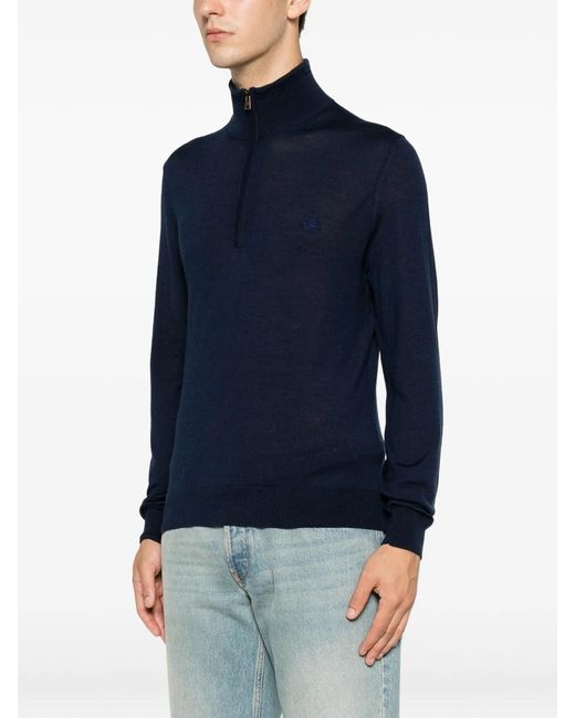 Etro Blue Wool And Silk Sweater With Zip And Pegasus Embroidery for men