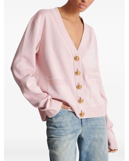 Balmain Pink Silk-Cotton Embroidered Cardigan