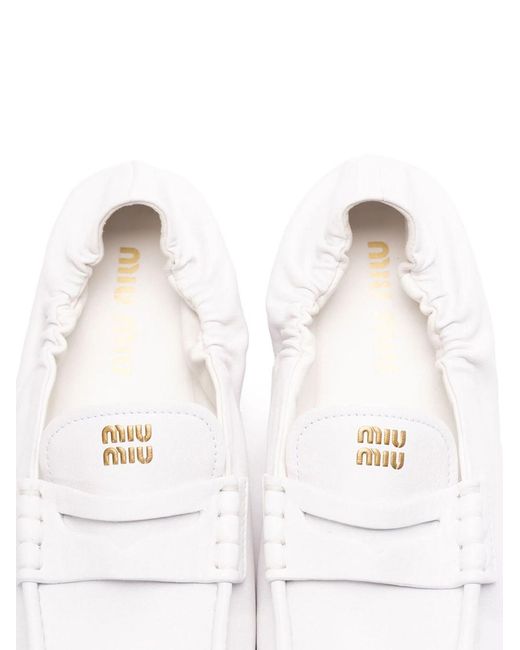 Miu Miu White Ruches Nappa Leather Loafers