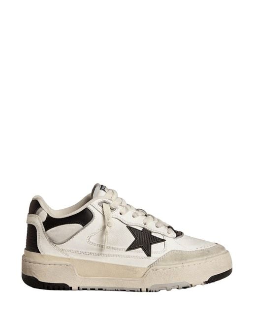Golden Goose Deluxe Brand White Forty2 Distressed Finish Leather And Fabric Sneakers With Star Shoes