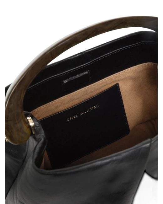 Dries Van Noten Black Pleated Leather Handbag With Resin Top Handle