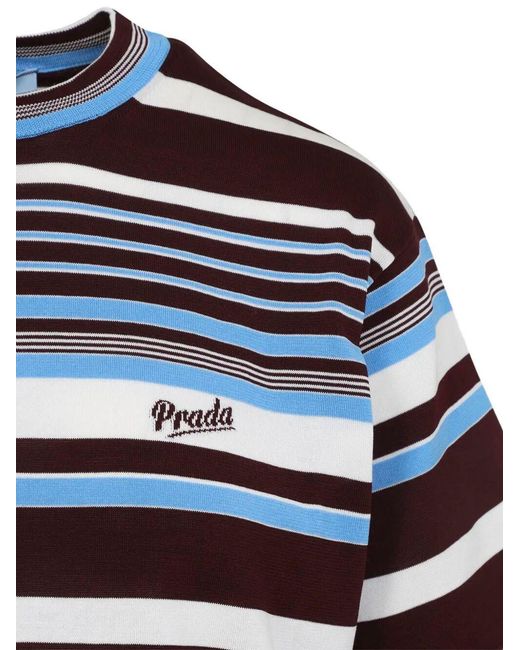Prada Blue Logo-Intarsia Striped Cotton T-Shirt