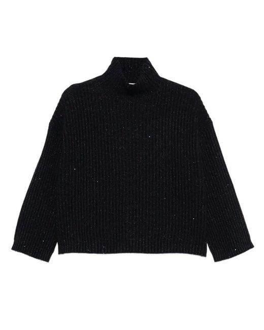 Brunello Cucinelli Blue High Neck Ribbed Cashmere Sweater With Sequins