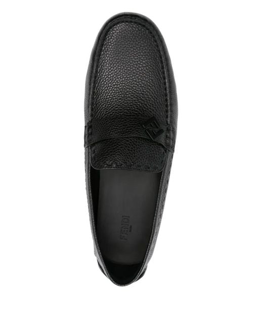 Fendi Black Leather Logo-Plaque Loafers for men