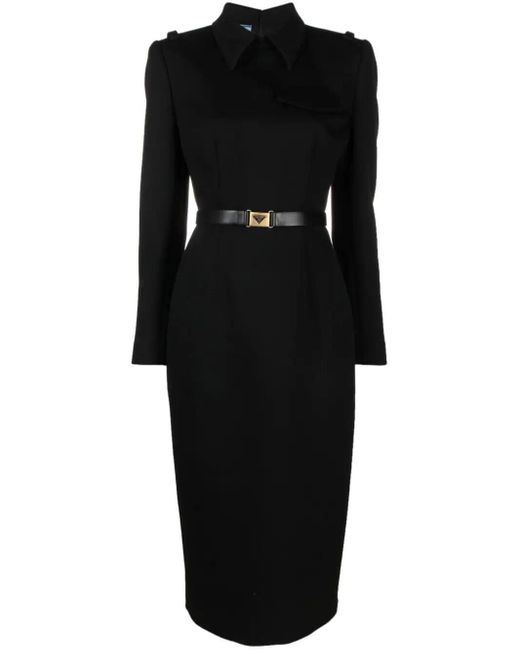 Prada Black Belted Wool-blend Midi Dress