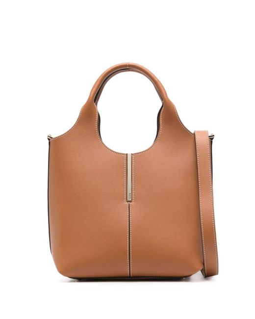 Tod's Brown Leather Mini Shopping Tote Bag With Branded Metal Bar Accessory