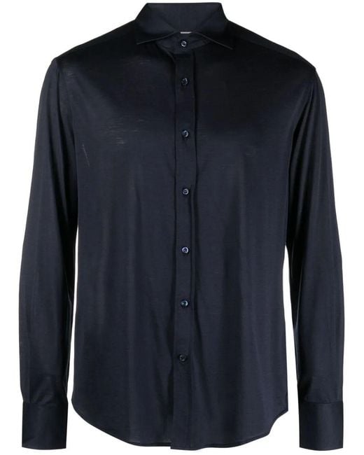 Brunello Cucinelli Blue Silk And Cotton Jersey Shirt With Spread Collar for men