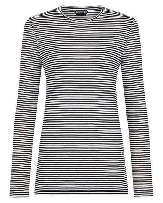 Tom Ford Black Long-Sleeved Striped T-Shirt With Tonal Tf Embroidered Logo