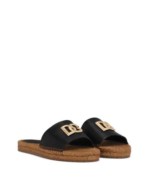 Dolce & Gabbana Brown Leather Slides With Logo-plaque