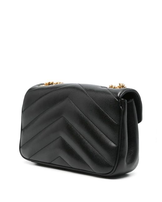 Saint Laurent Black Small Loulou Chevron Logo-Plaque Shoulder Bag