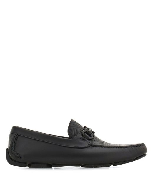 Ferragamo Black Embossed Gancini Monogram Driving Loafers Shoes for men