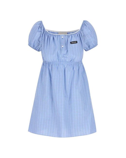 Miu Miu Blue Plaid-Pattern Popeline Mini Dress