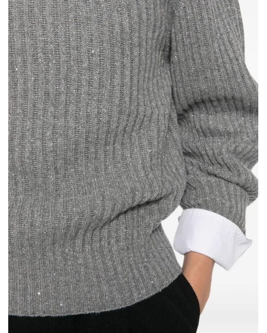 Brunello Cucinelli Gray Sweater Sparkling & Dazzling In Cashmere And Wool R