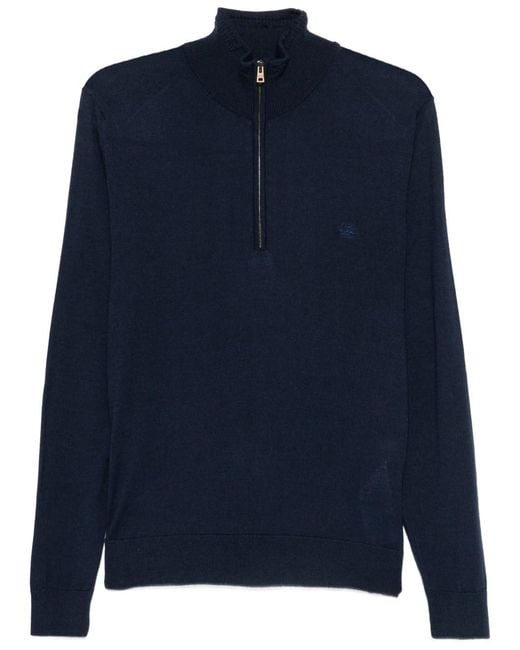 Etro Blue Wool And Silk Sweater With Zip And Pegasus Embroidery for men