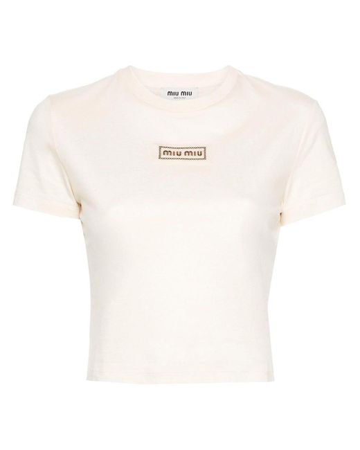 Miu Miu White Logo-Patch Cropped T-Shirt
