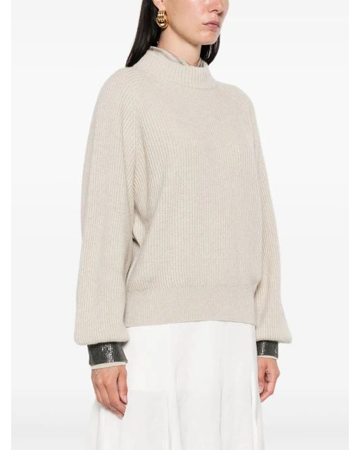 Brunello Cucinelli Natural Ribbed Sweater With Jewel Cuffs