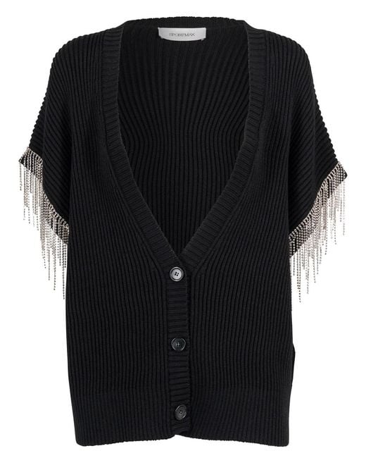 Sportmax Black Cardigan In Wool With Removable Sleeves And Strass
