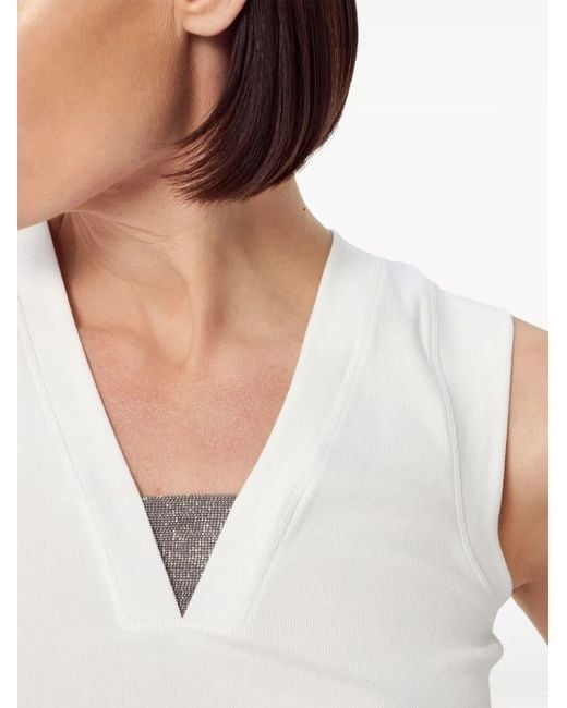 Brunello Cucinelli White Ribbed Cotton Sleeveless Top